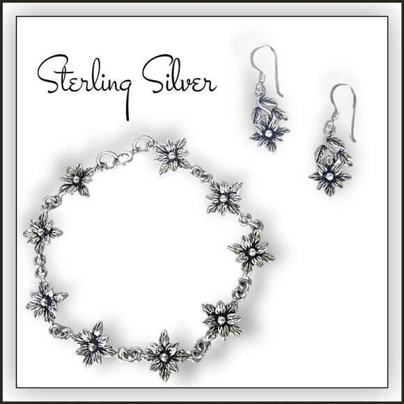 Vintage Jewelry - Vintage 925 Sterling Silver Dogwood Flower Bracelet and Earring Set unbr…